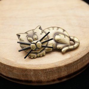 Vintage JJ Matte Gold Cat Brooch, Jonette Jewelry